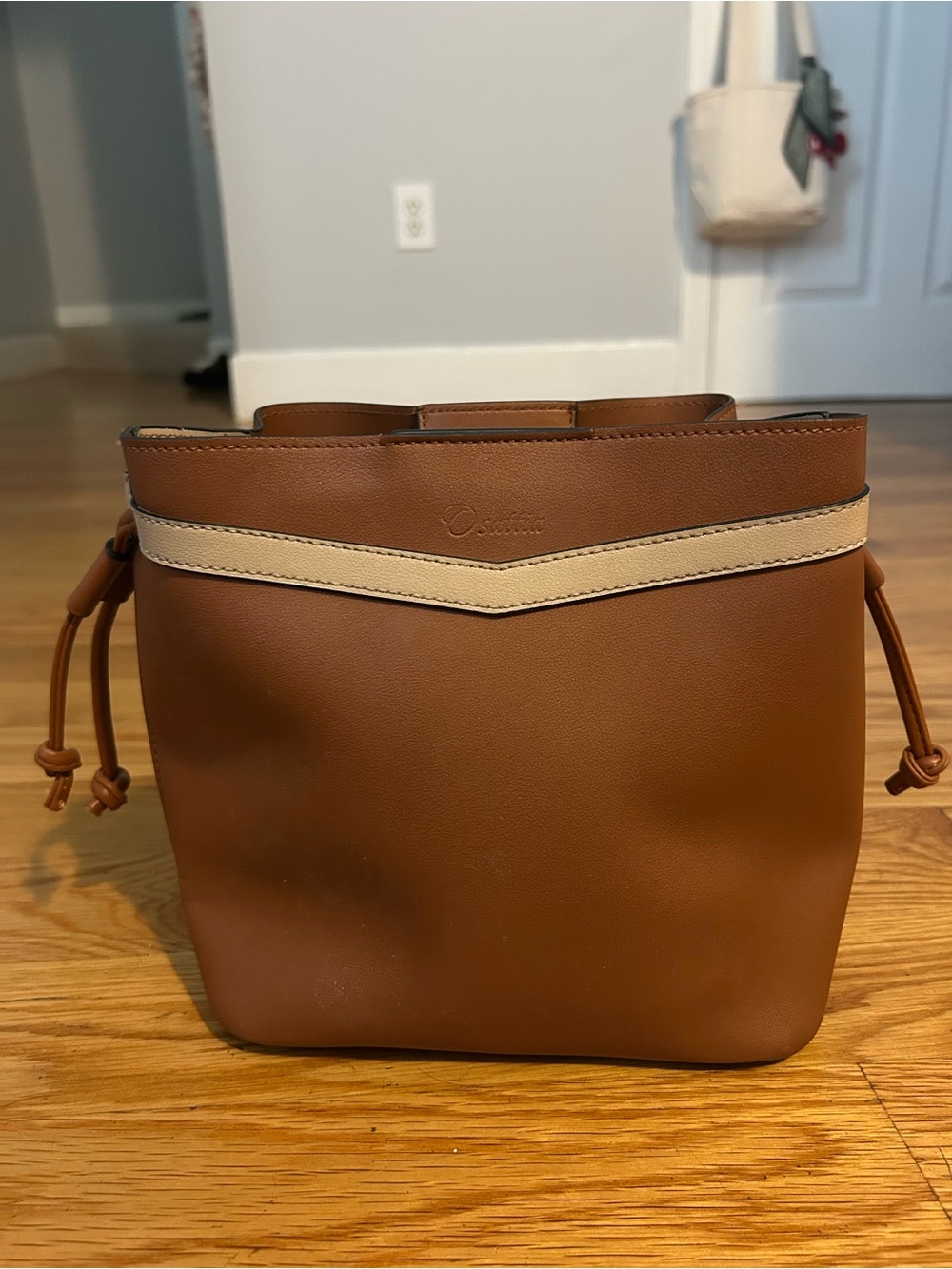 Tan and Cream Crossbody Bucket Bag